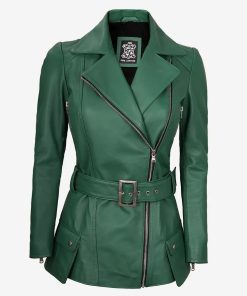 Women's Green Asymmetrical Moto Belted Leather Jacket