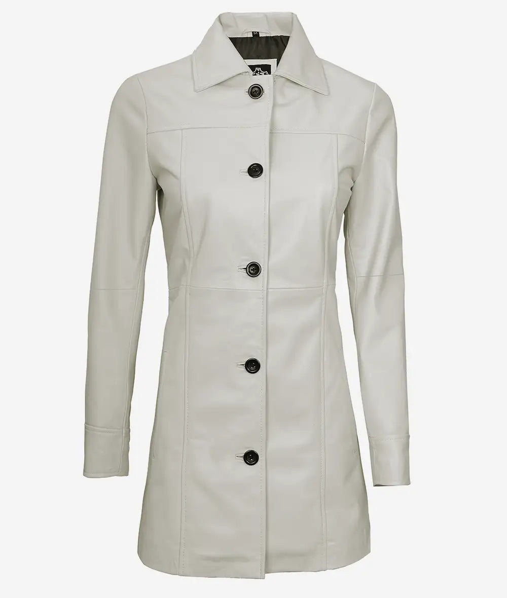 Women's Off White Real Leather 3/4 Length Coat - Image 2