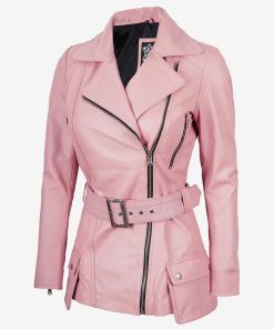 Women's Pink Belted Moto Real Leather Jacket