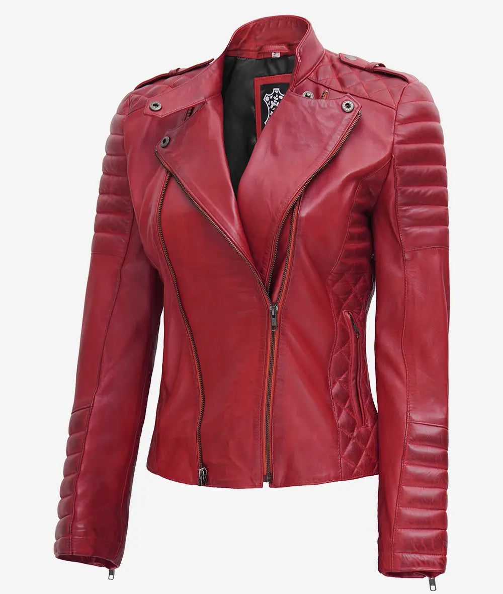 Women's Asymmetrical Padded Red Leather Biker Jacket