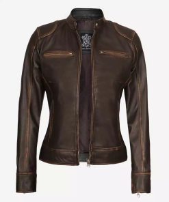 Dodge Women's Dark Brown Cafe Racer Leather Jacket