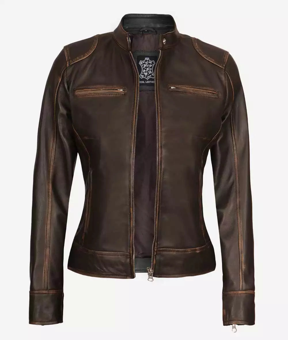 Dodge Women's Dark Brown Cafe Racer Leather Jacket