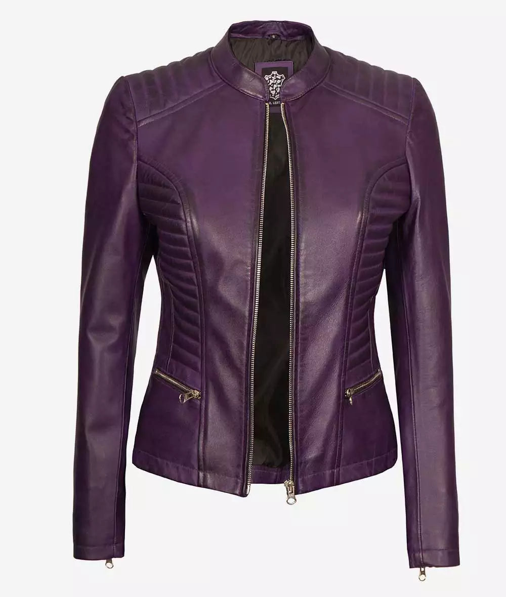Rachel Women's Purple Slim Fit Moto Leather Jacket - Image 2