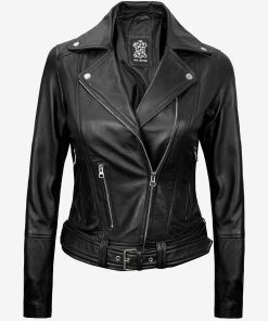 Women's Black Asymmetrical Belted Leather Moto Jacket