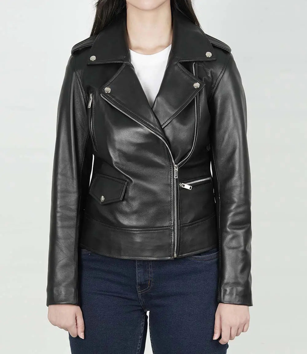Women's Amber Asymmetrical Black Leather Jacket - Image 2