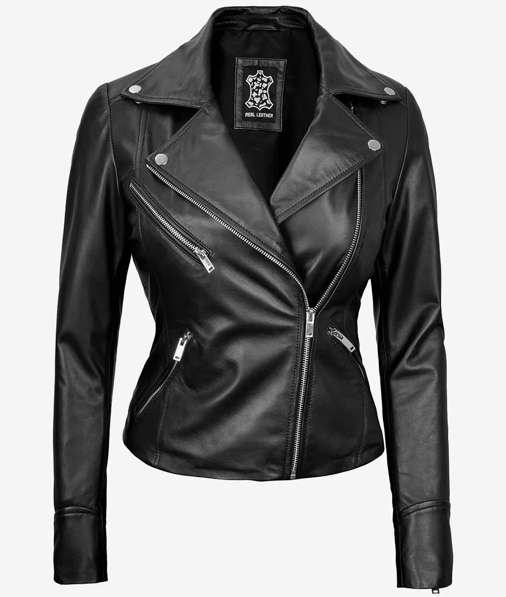 Rita Women's Black Asymmetrical Leather Biker Jacket - Image 2