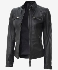 Women's Black Cafe Racer Leather Jacket | Quilted Shoulder