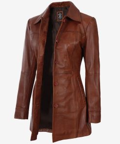 Women's Cognac Button Down 3/4 Length Leather Coat