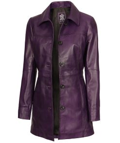 Women's Purple 3/4 Length Button Down Leather Coat