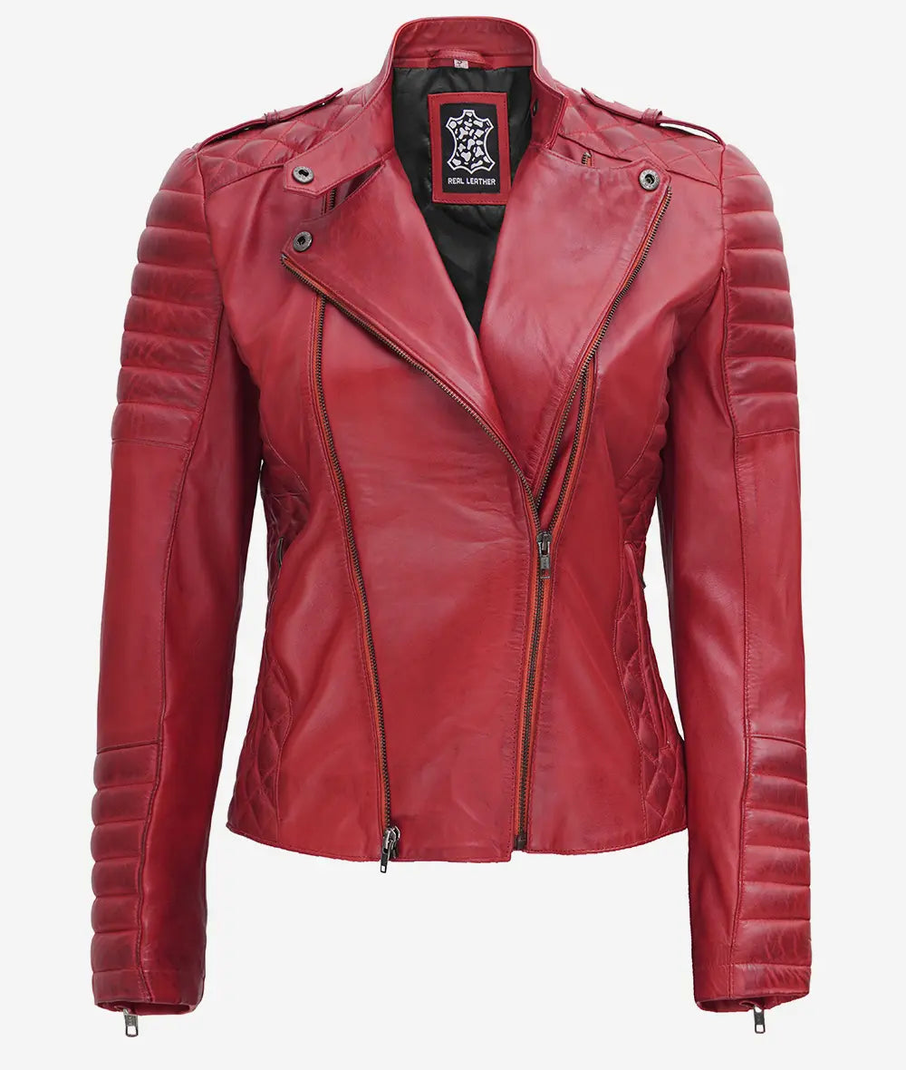 Women's Asymmetrical Padded Red Leather Biker Jacket - Image 2