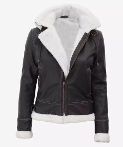 Women's B3 Brown Mary Hooded Shearling Bomber Jacket