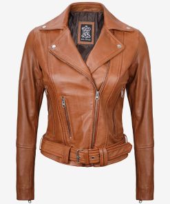 Women's Brown Asymmetrical Belted Leather Jacket